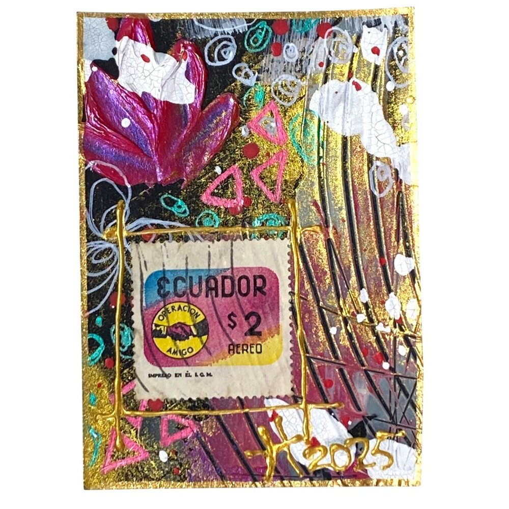 ACEO Original Art Acrylic Collage Mixed Media 3D 1970 Ecuador Postage Stamp ATC